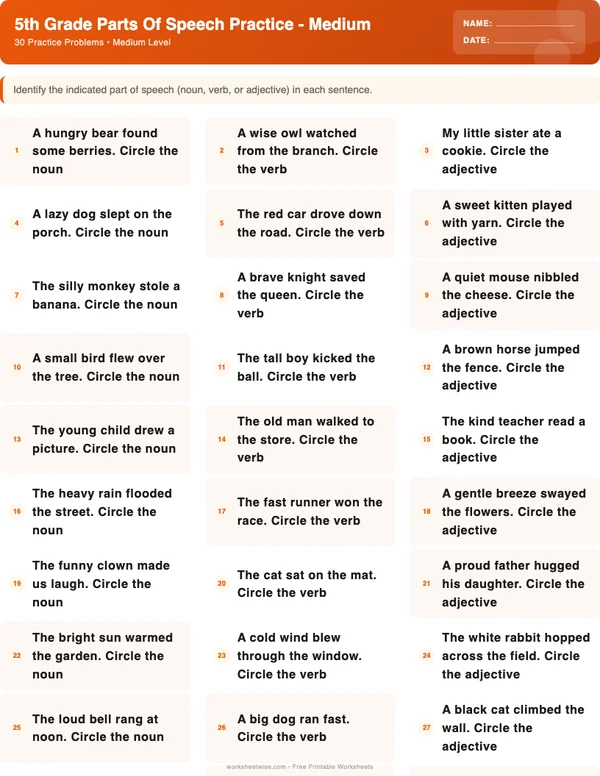 5th Grade Parts of Speech Worksheets - Halloween Theme (Medium)