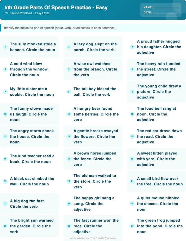 5th Grade Parts of Speech Worksheets - Ocean Theme (Easy)