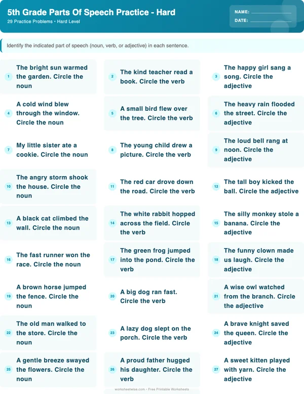 5th Grade Parts of Speech Worksheets - Ocean Theme (Hard)