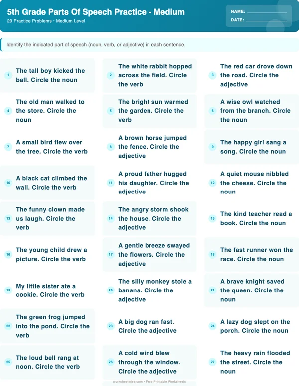5th Grade Parts of Speech Worksheets - Ocean Theme (Medium)