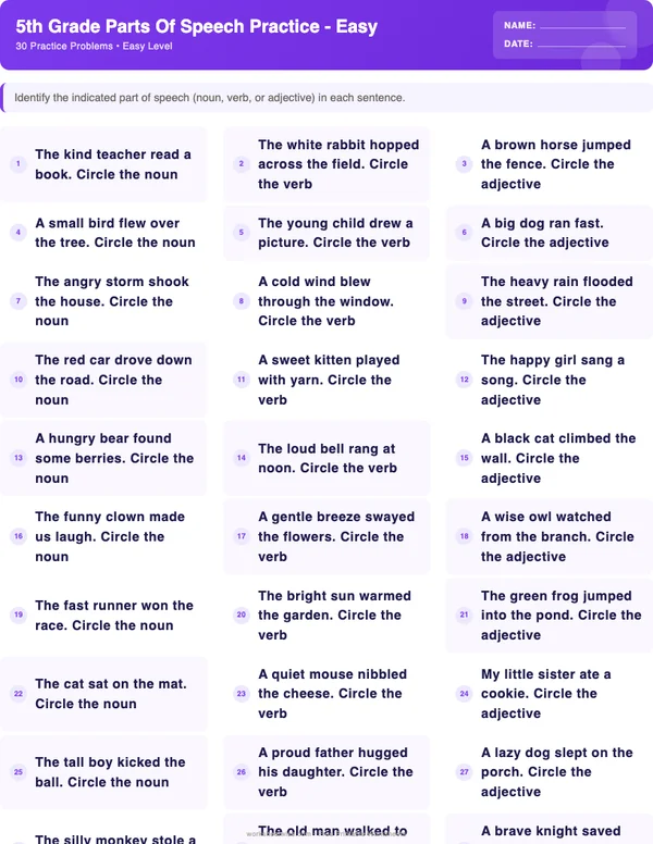 5th Grade Parts of Speech Worksheets - Space Theme (Easy)