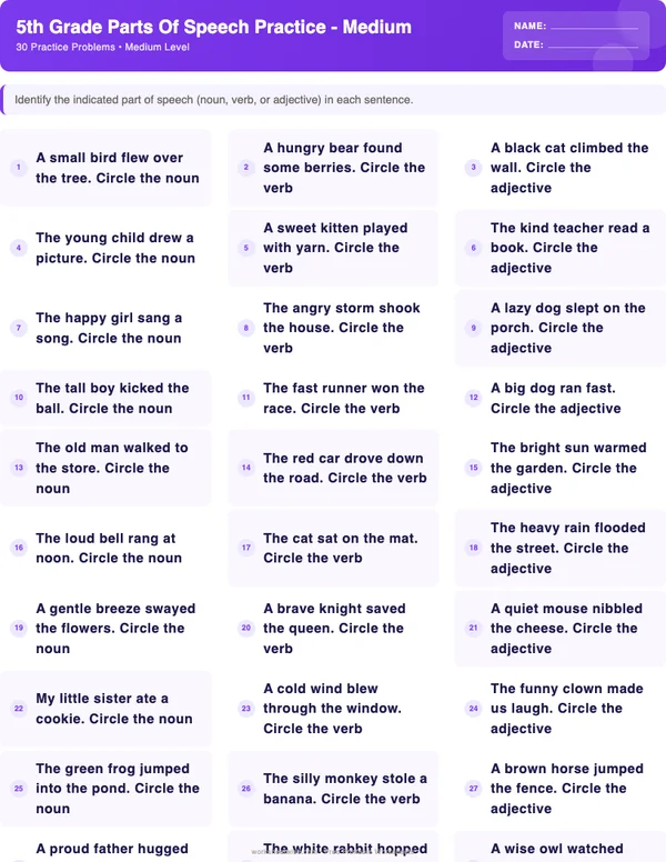 5th Grade Parts of Speech Worksheets - Space Theme (Medium)