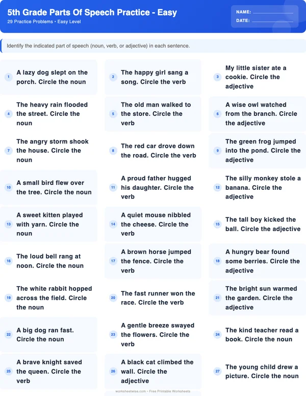 5th Grade Parts of Speech Worksheets - Standard Theme (Easy)