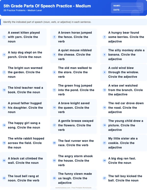 5th Grade Parts of Speech Worksheets - Standard Theme (Medium)