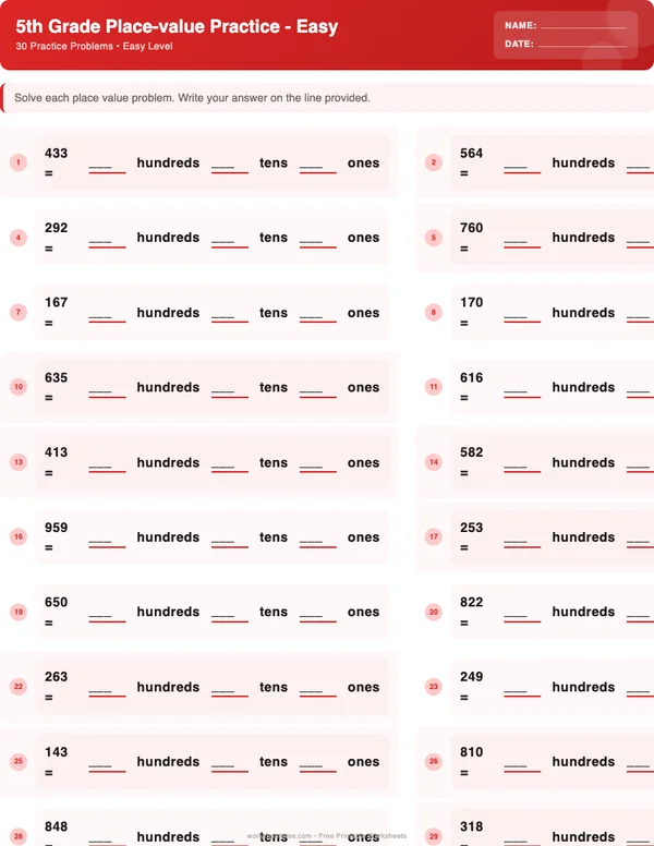 5th Grade Place Value Worksheets - Christmas Theme (Easy)