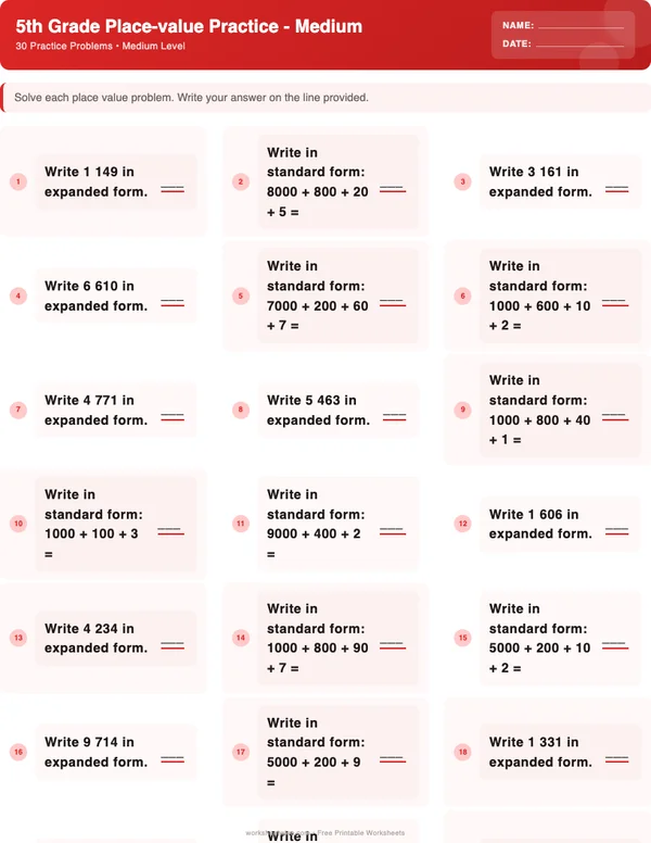 5th Grade Place Value Worksheets - Christmas Theme (Medium)