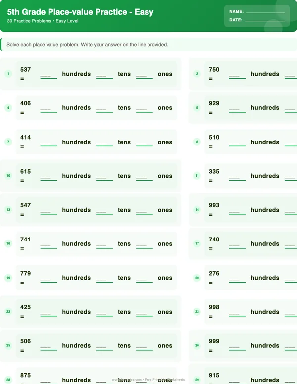 5th Grade Place Value Worksheets - Dinosaur Theme (Easy)