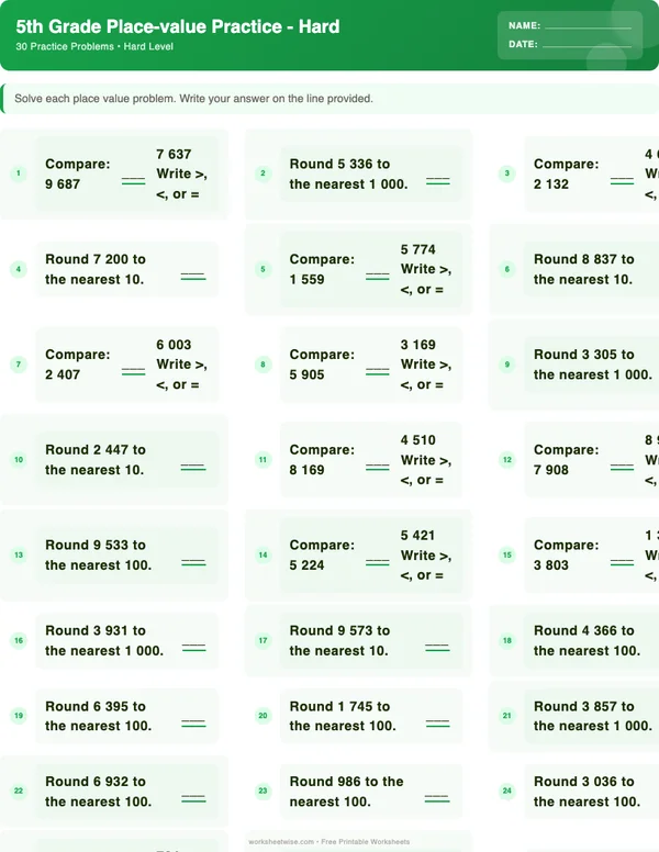 5th Grade Place Value Worksheets - Dinosaur Theme (Hard)