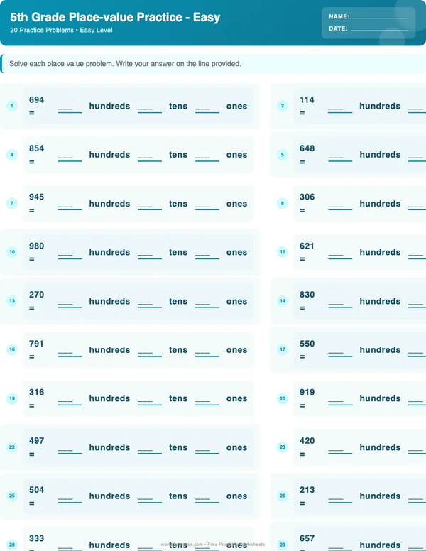 5th Grade Place Value Worksheets - Ocean Theme (Easy)