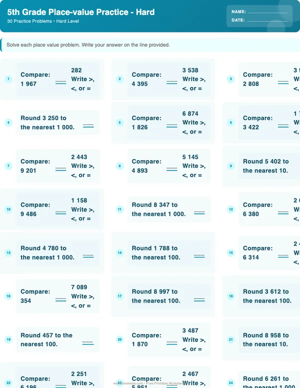 5th Grade Place Value Worksheets - Ocean Theme (Hard)