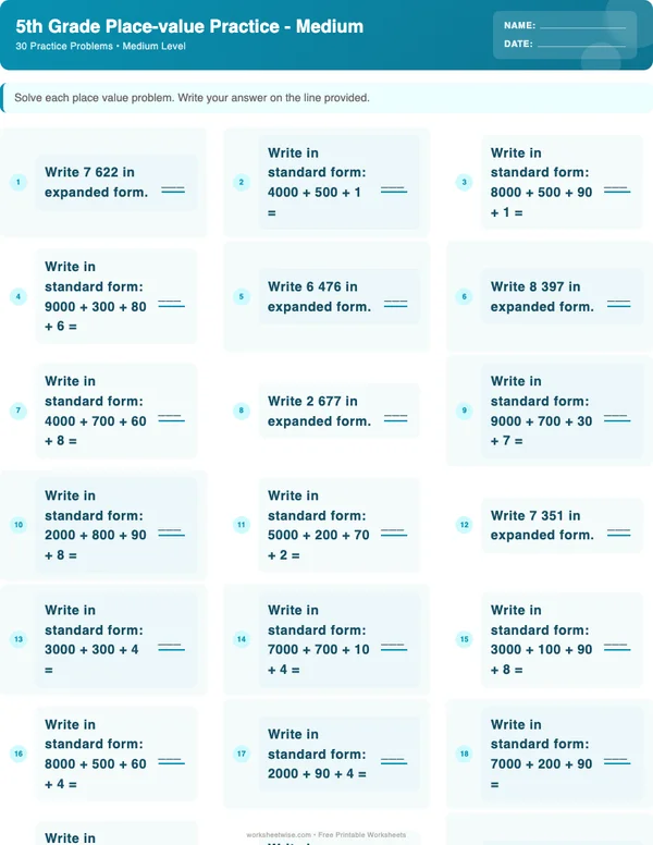 5th Grade Place Value Worksheets - Ocean Theme (Medium)