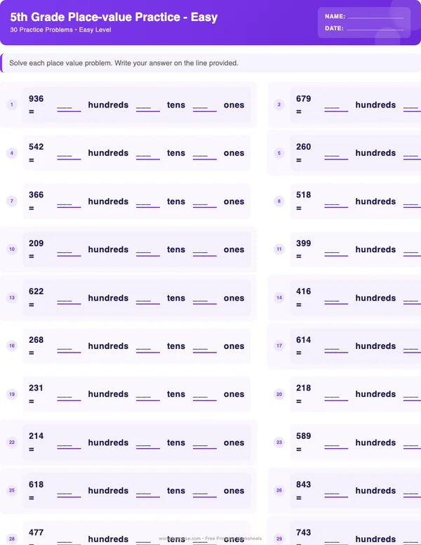 5th Grade Place Value Worksheets - Space Theme (Easy)
