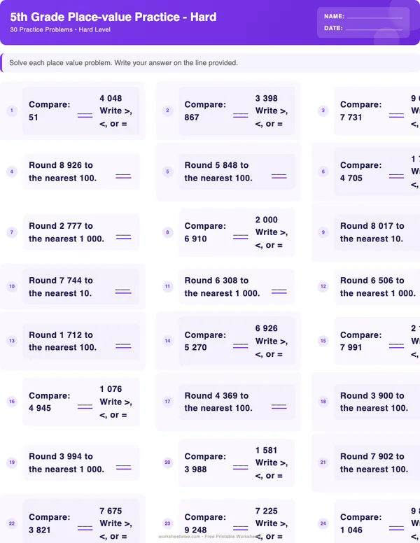 5th Grade Place Value Worksheets - Space Theme (Hard)