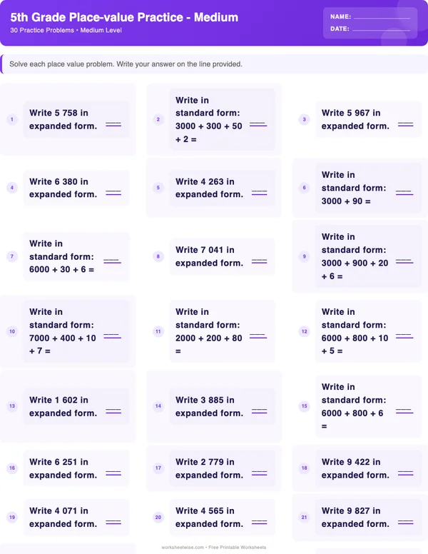 5th Grade Place Value Worksheets - Space Theme (Medium)