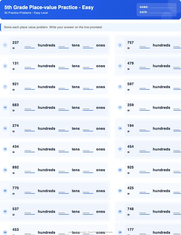 5th Grade Place Value Worksheets - Standard Theme (Easy)