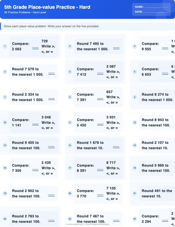5th Grade Place Value Worksheets - Standard Theme (Hard)