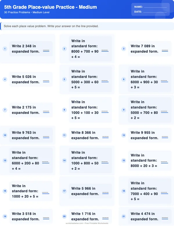5th Grade Place Value Worksheets - Standard Theme (Medium)
