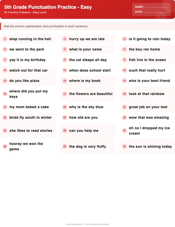 5th Grade Punctuation Worksheets - Christmas Theme (Easy)