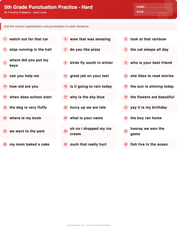 5th Grade Punctuation Worksheets - Christmas Theme (Hard)