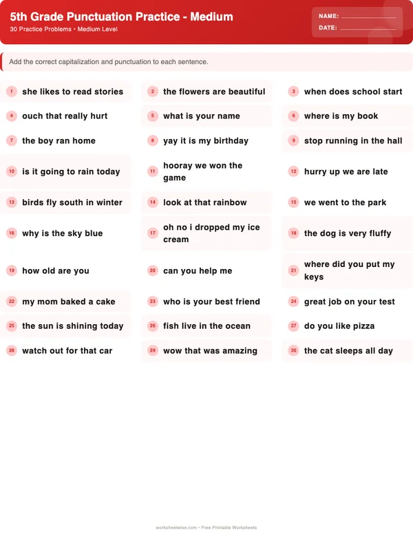 5th Grade Punctuation Worksheets - Christmas Theme (Medium)