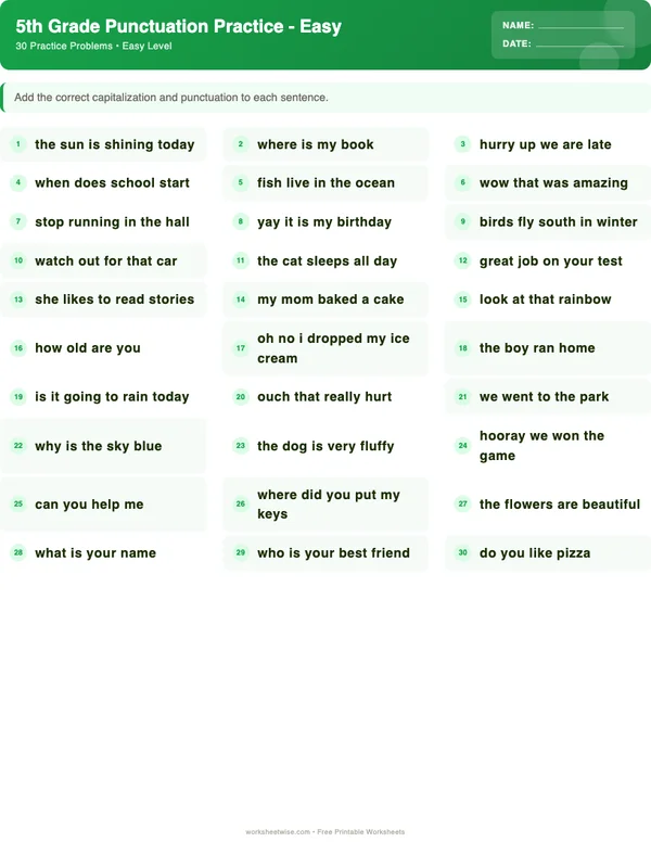 5th Grade Punctuation Worksheets - Dinosaur Theme (Easy)