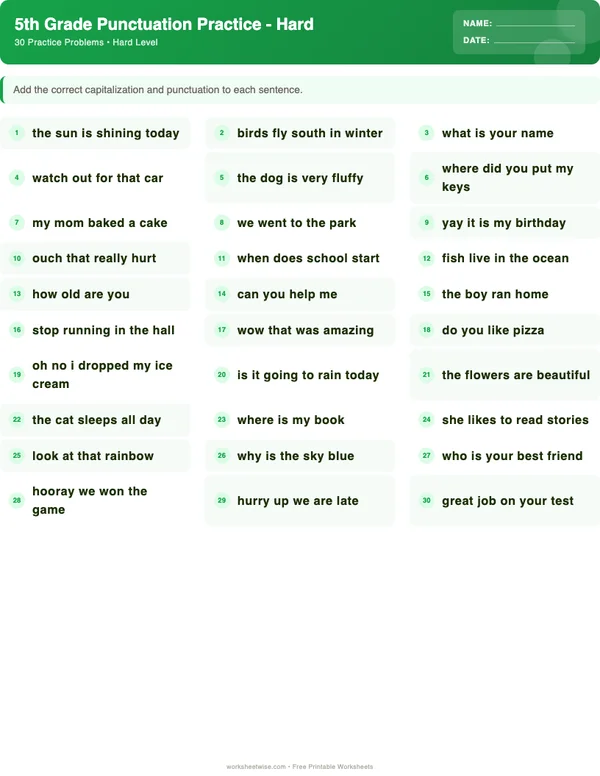 5th Grade Punctuation Worksheets - Dinosaur Theme (Hard)