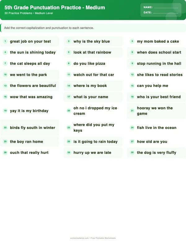 5th Grade Punctuation Worksheets - Dinosaur Theme (Medium)