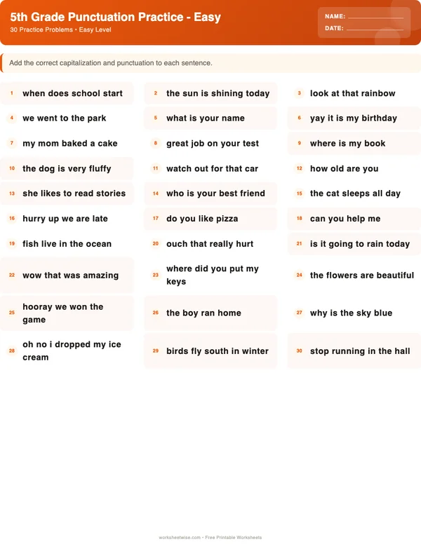 5th Grade Punctuation Worksheets - Halloween Theme (Easy)