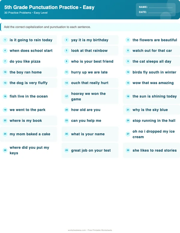 5th Grade Punctuation Worksheets - Ocean Theme (Easy)