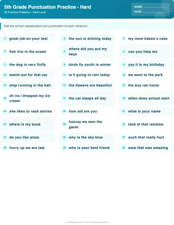 5th Grade Punctuation Worksheets - Ocean Theme (Hard)