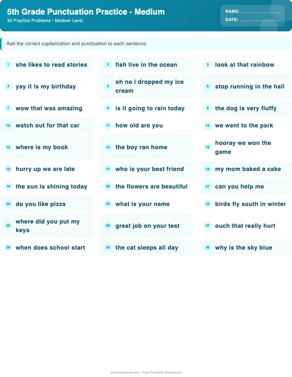 5th Grade Punctuation Worksheets - Ocean Theme (Medium)
