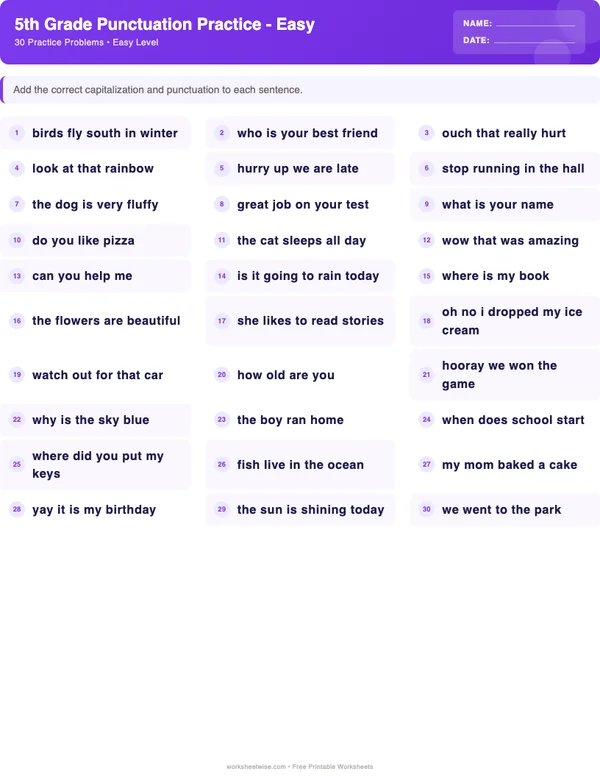 5th Grade Punctuation Worksheets - Space Theme (Easy)