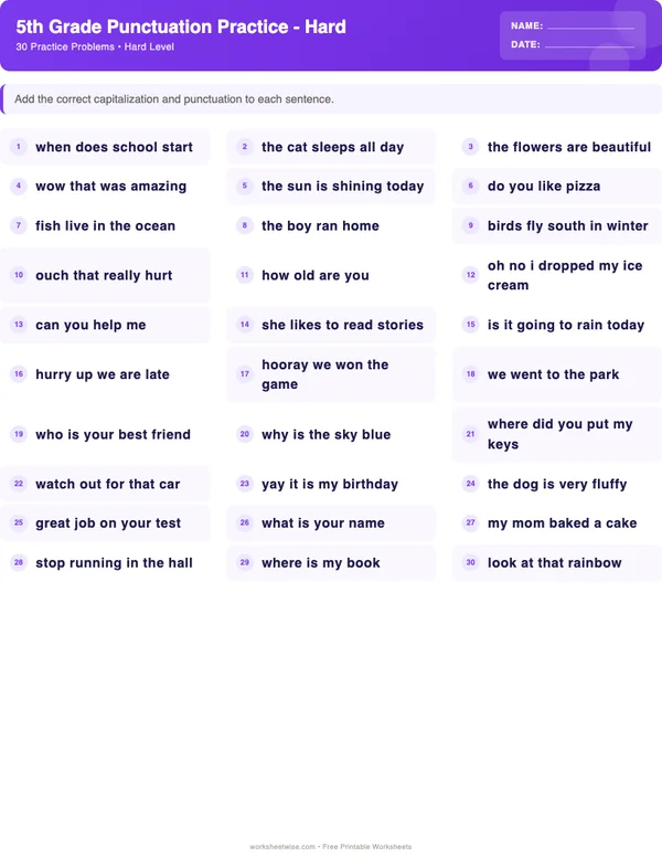 5th Grade Punctuation Worksheets - Space Theme (Hard)