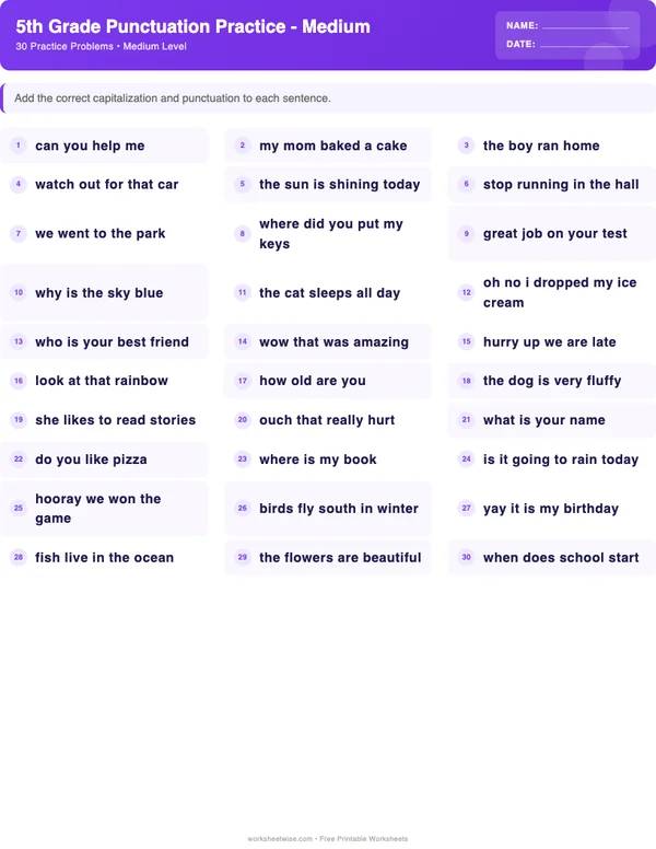 5th Grade Punctuation Worksheets - Space Theme (Medium)