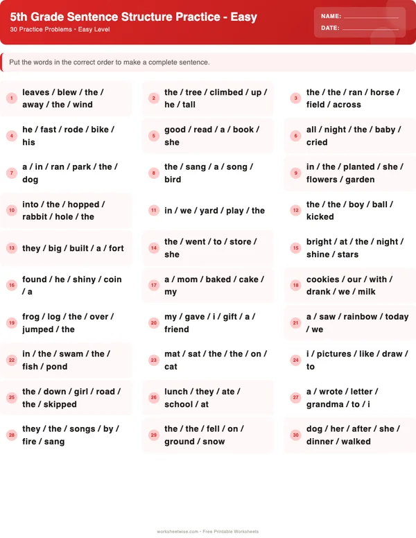 5th Grade Sentence Structure Worksheets - Christmas Theme (Easy)