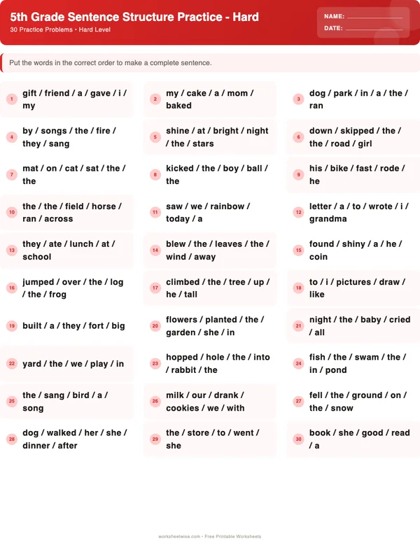 5th Grade Sentence Structure Worksheets - Christmas Theme (Hard)