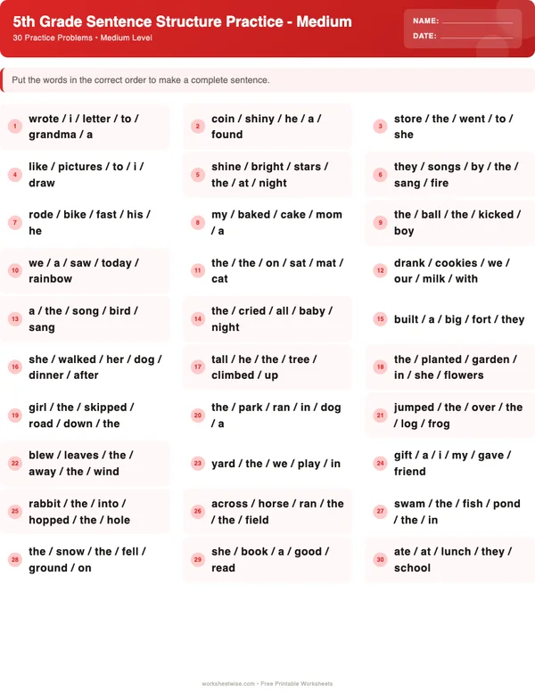 5th Grade Sentence Structure Worksheets - Christmas Theme (Medium)