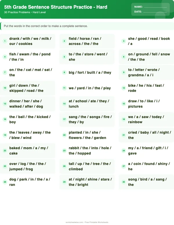 5th Grade Sentence Structure Worksheets - Dinosaur Theme (Hard)