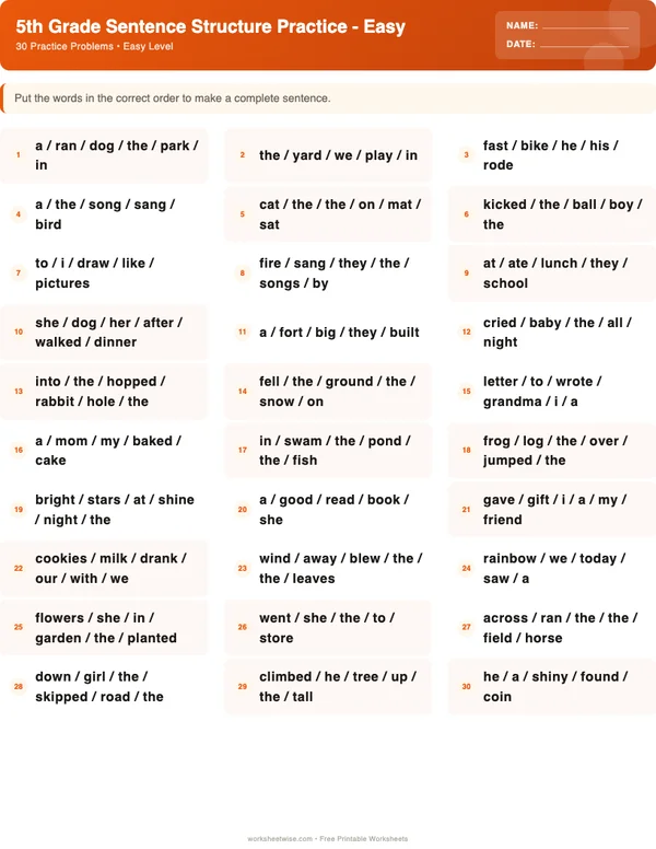 5th Grade Sentence Structure Worksheets - Halloween Theme (Easy)