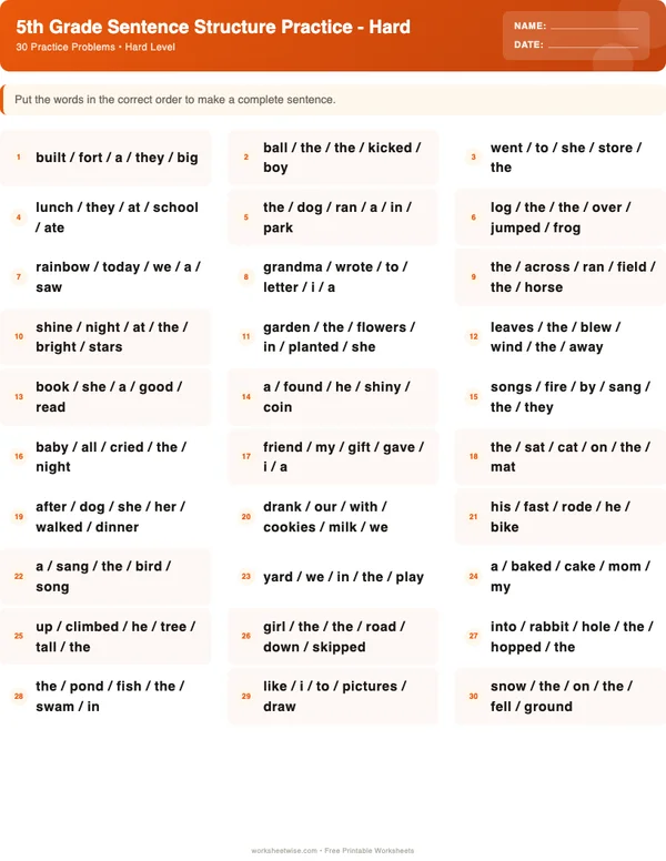 5th Grade Sentence Structure Worksheets - Halloween Theme (Hard)