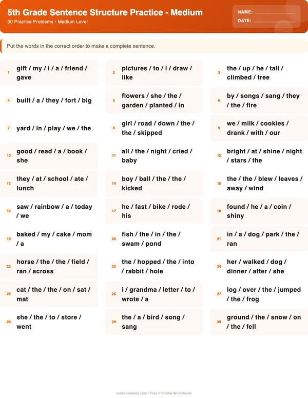 5th Grade Sentence Structure Worksheets - Halloween Theme (Medium)