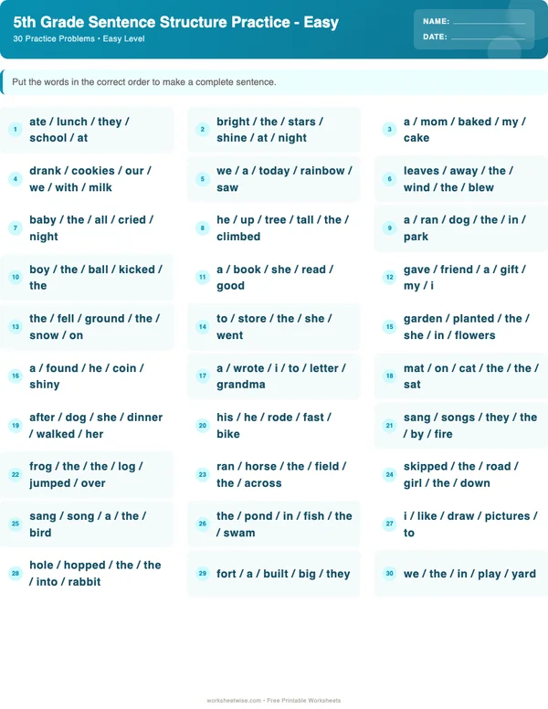 5th Grade Sentence Structure Worksheets - Ocean Theme (Easy)