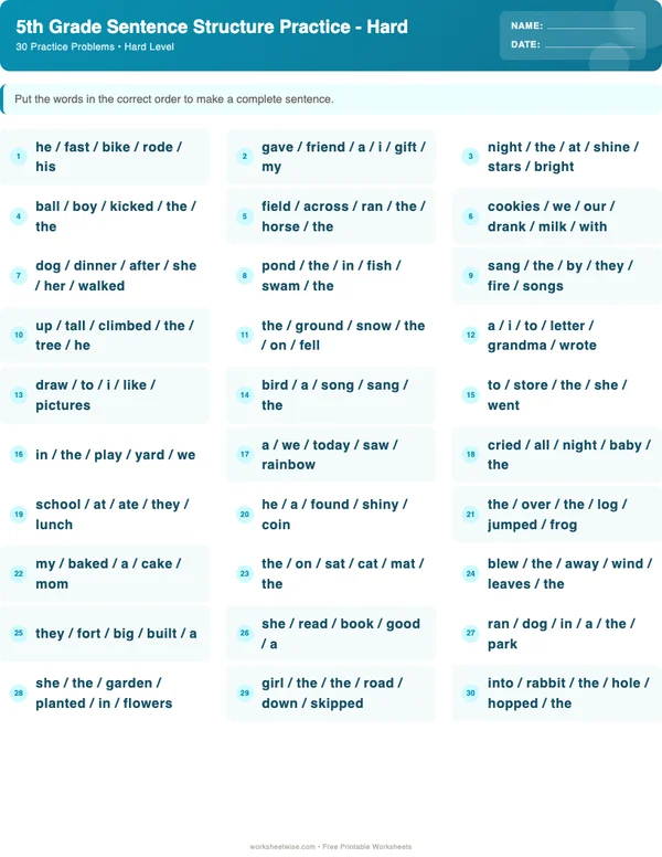 5th Grade Sentence Structure Worksheets - Ocean Theme (Hard)