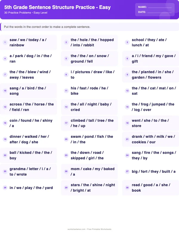 5th Grade Sentence Structure Worksheets - Space Theme (Easy)