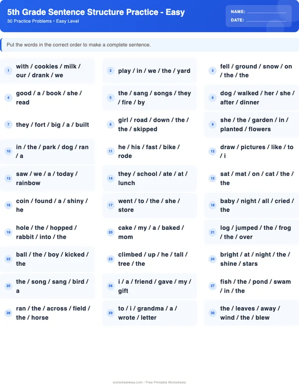 5th Grade Sentence Structure Worksheets - Standard Theme (Easy)