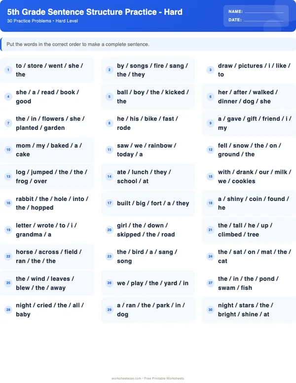 5th Grade Sentence Structure Worksheets - Standard Theme (Hard)