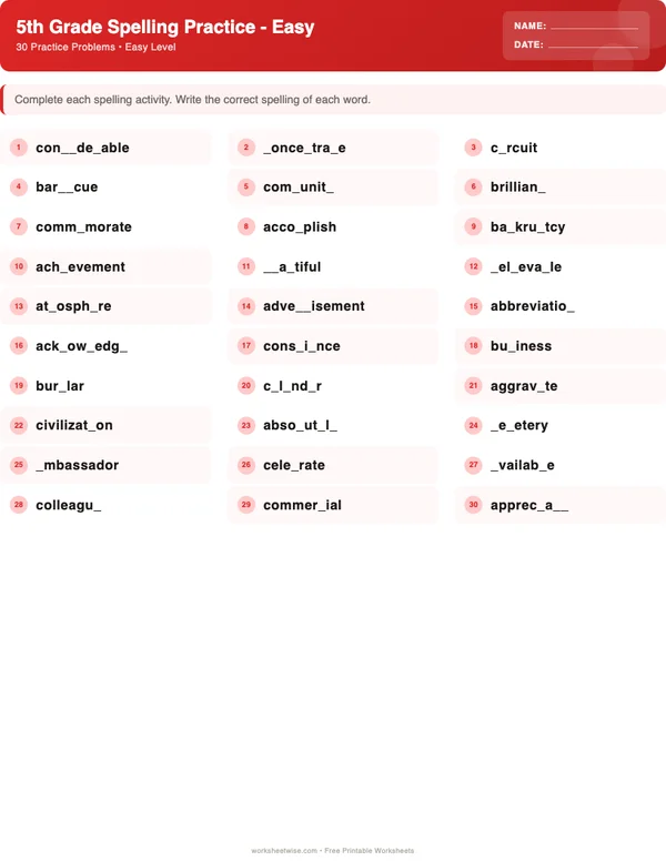 5th Grade Spelling Words Worksheets - Christmas Theme (Easy)