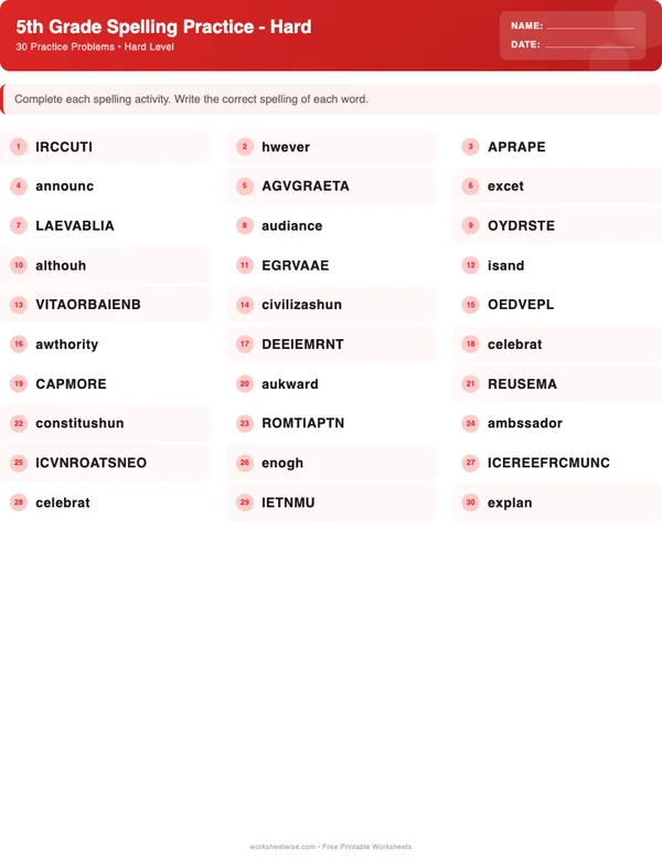 5th Grade Spelling Words Worksheets - Christmas Theme (Hard)