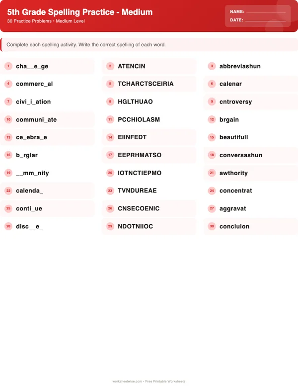 5th Grade Spelling Words Worksheets - Christmas Theme (Medium)