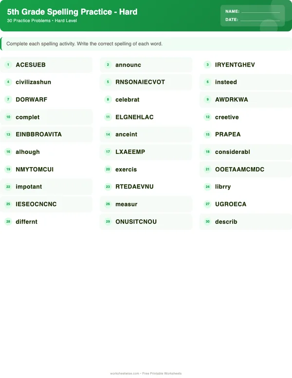 5th Grade Spelling Words Worksheets - Dinosaur Theme (Hard)